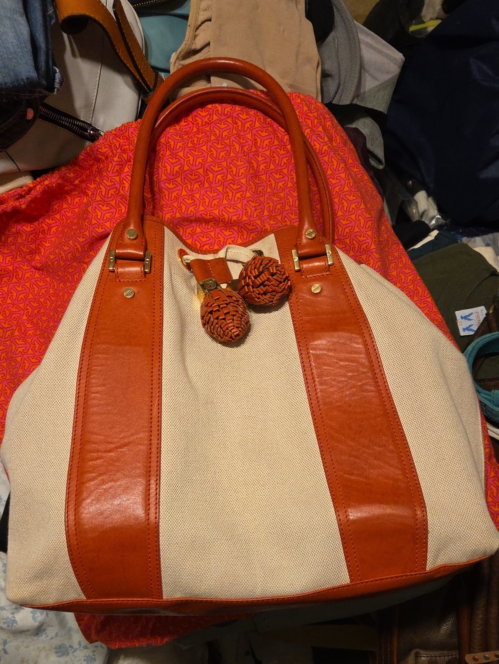 Tory Burch Cream Canvas Tote with Tan Leather Trim